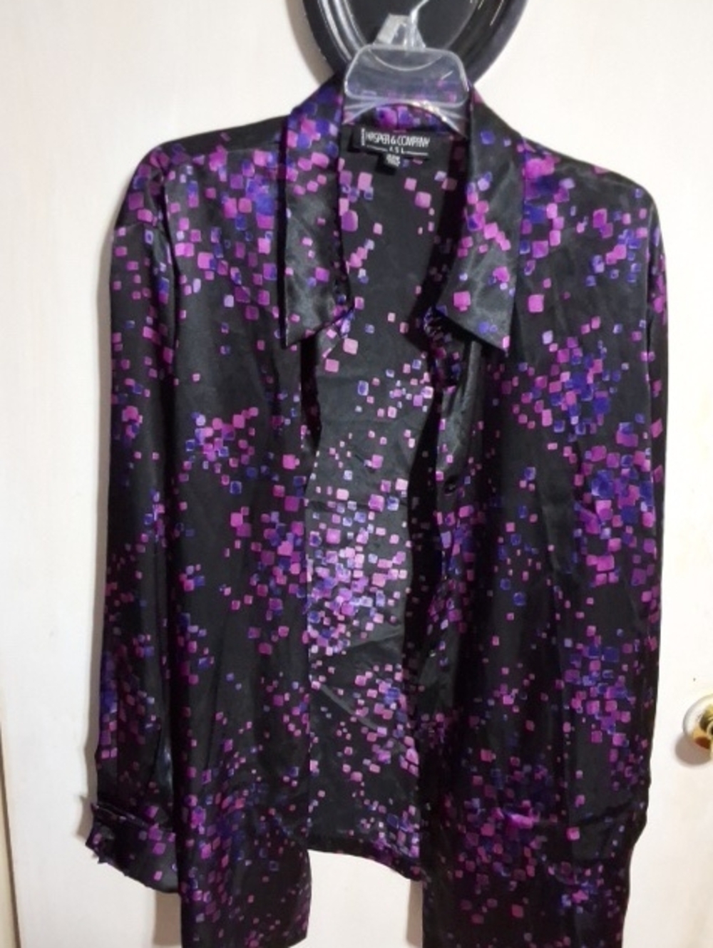 Vintage Kasper Black Satin Button-Down Blouse with Purple Pixel Print